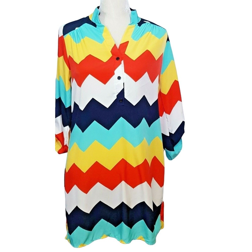 Sterlings Dress Small Mod Retro Color Block Chevron USA Roll Tab 3/4 Sleeves